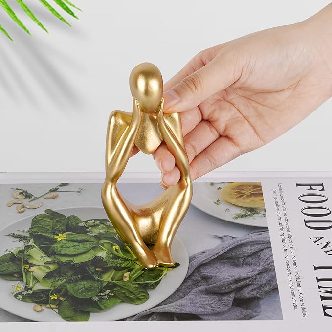 Sandstone Resin Thinker Style Abstract Sculpture Statue Collectible Figurines Home Office Bookshelf Desktop Decor (Small Gold, Focus)