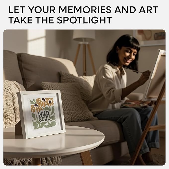 Homeforia 8x8 Picture Frames White, High-End Oak 8 x 8 Square Wood Frame with Mat 6 by 6 Photo, 8x8 Wooden Frames Matted to 6x6 Print, 8by8 Wall or Tabletop Frame, Tempered Glass, Wall Kit, Set of 1