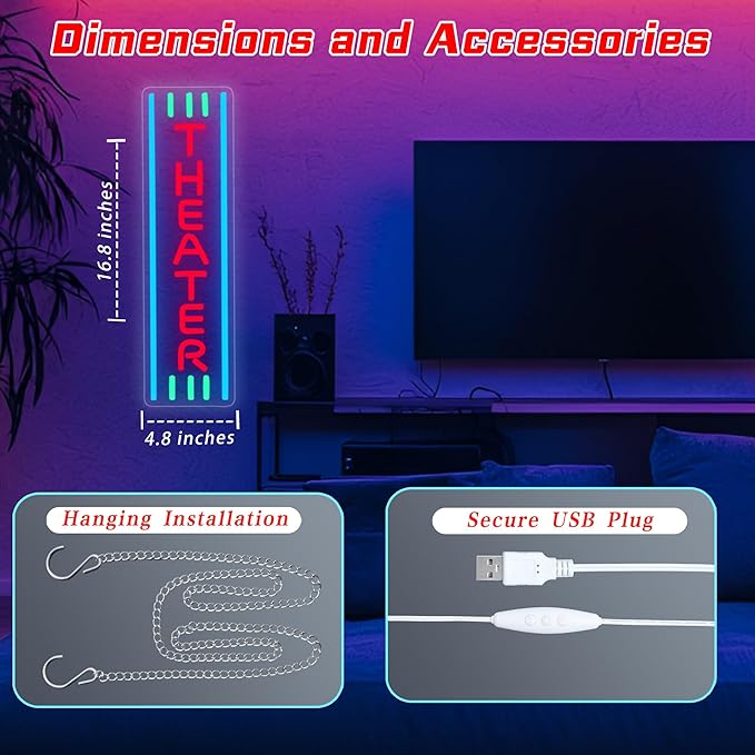Theater Neon Sign Dimmable LED Movie Night Signs for Wall Decor Home Theater Accessories Sign Theater Room Neon Light for Movie Room Home Bar Decor Classic Cinema Style Light Gifts(16.8 * 4.8in)