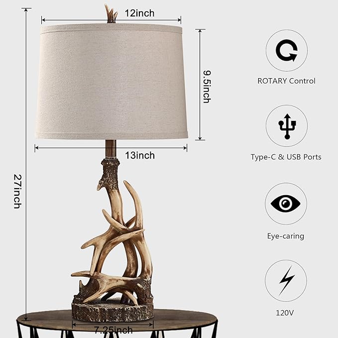 Rustic Table Lamp 27.25'' Tall Deer Antler Lamps for Living Room End Table with USB Port Western Country Lamps for Bedroom Cabin Bedside Lamps for Nightstand, Single, Bulb Not Included
