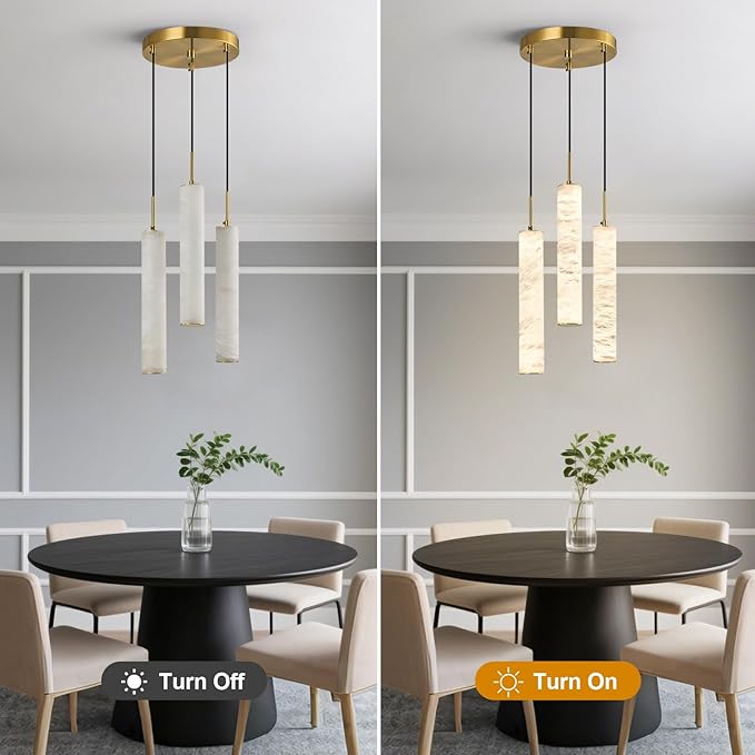 LMQNINE Natural Alabaster Pendant Lights for Kitchen Island White Marble Long Tube Chandelier Modern Gold Ceiling Light Fixtures for Bedroom Dining Room Table Living Room Hallway(M-3Light)