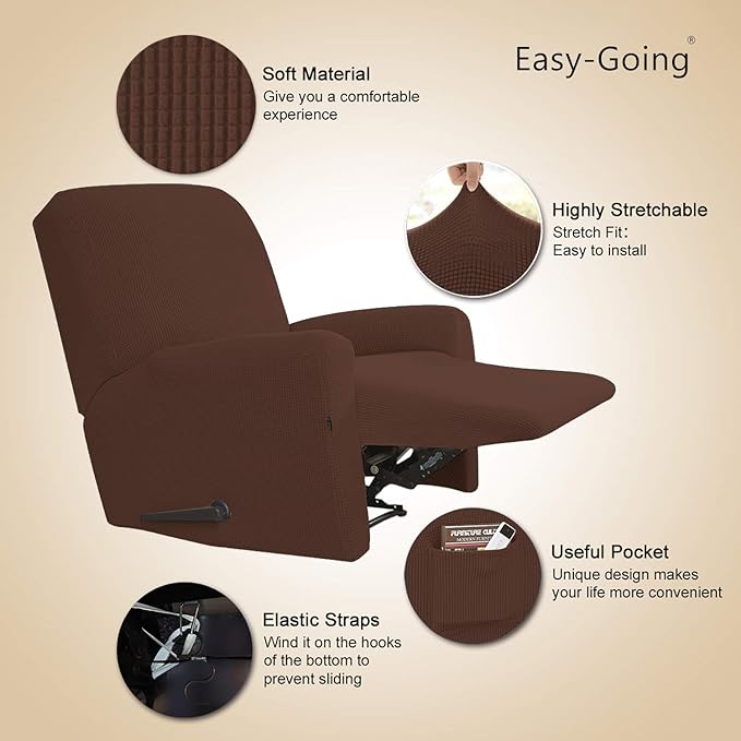 Easy-Going Recliner Stretch Sofa Slipcover Sofa Cover 4-Pieces Furniture Protector Couch Soft with Elastic Bottom Spandex Jacquard Fabric Small Checks(Recliner,Coffee) Large