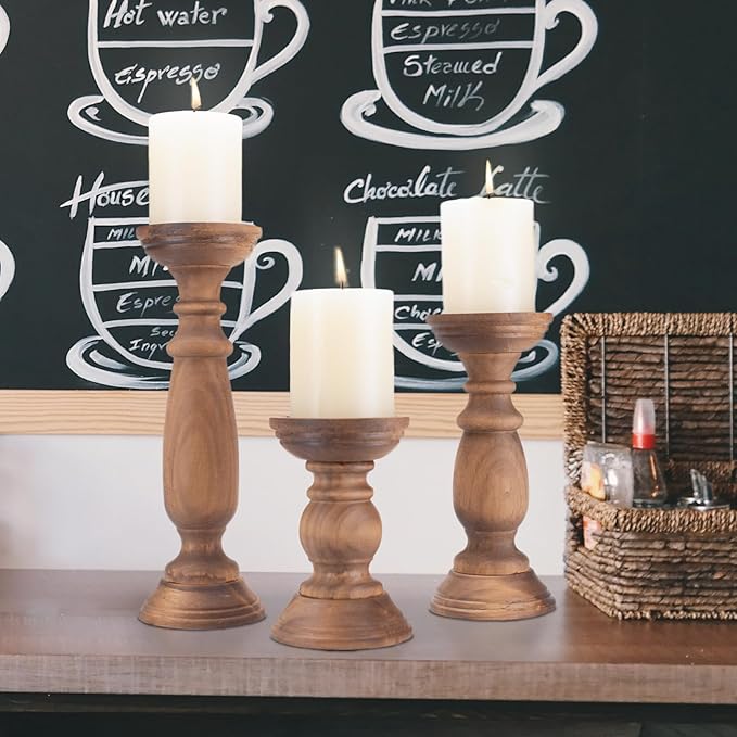 Rustic Wooden Pillar Candle Holders Set of 3, 12'' 9'' 6'' Farmhouse Wood Candle Stand for Table Centerpieces, Vintage Tall Candleholders Fireplace Mantel Decor for Living Room, Brown