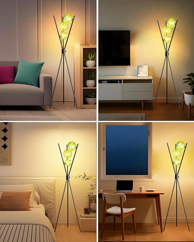 Lightdot 60IN Dimmable Black Tripod Floor Lamp, Mid Century Standing Lamps with 3 Globe Green Glass Lampshade, 3000K Bulbs Included Modern Tall Lamp for Living Room Bedroom