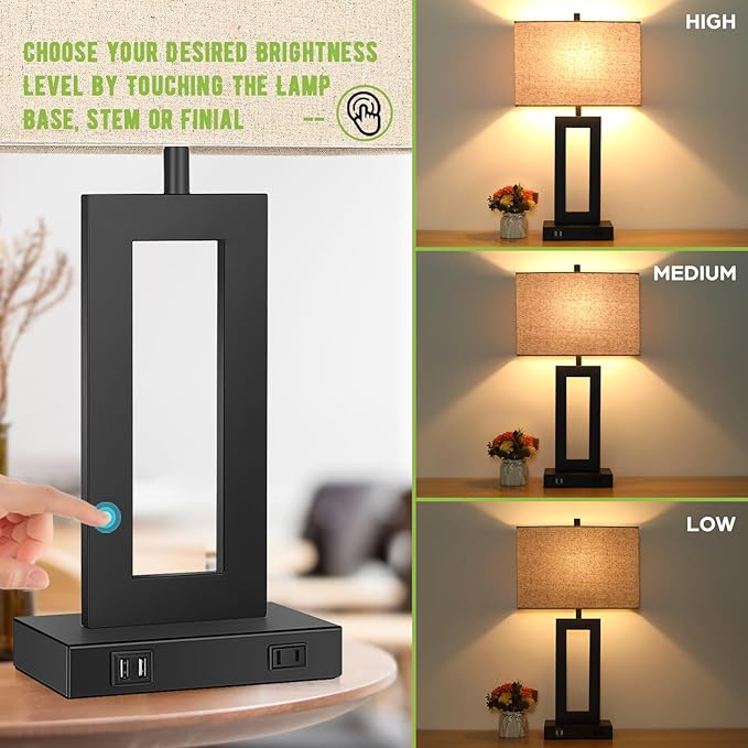 28’’ Tall Lamps for Living Rooms Set of 2, Modern Black Touch Control Table Lamps for Bedroom, 3 Way Dimmable Bedside Lamps with 2 USB Ports&AC Outlet, High-end Decor Lamp for Home Office