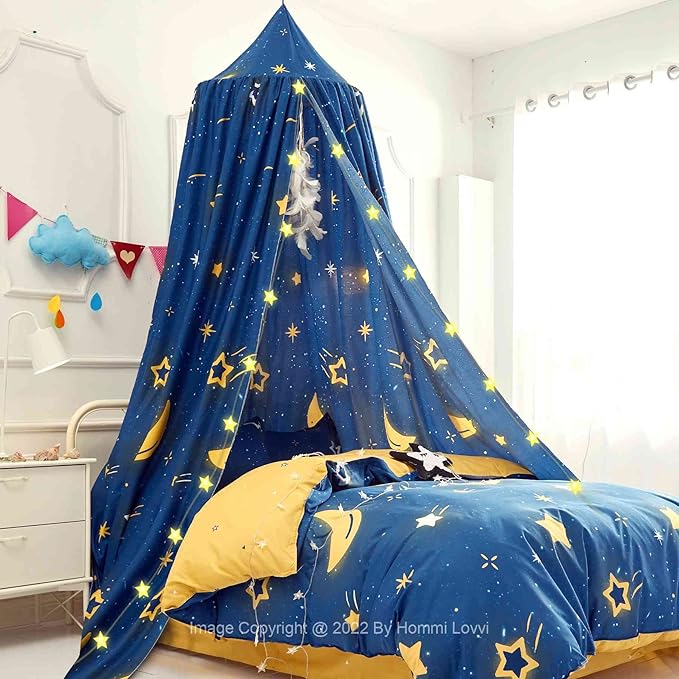 Stars Moon Print Kids Bed Canopy, Girls Princess Canopy Dreamy Room Decor, Soft Hanging Reading Nook Play Tent Canopy, Extra Large Full Size Bed Canopy with String Light