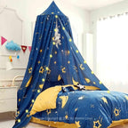 Stars Moon Print Kids Bed Canopy, Girls Princess Canopy Dreamy Room Decor, Soft Hanging Reading Nook Play Tent Canopy, Extra Large Full Size Bed Canopy with String Light