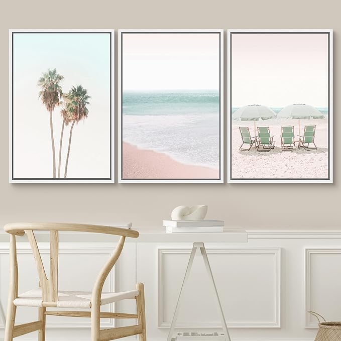 SIGNWIN Framed Canvas Print Wall Art Set Retro Vintage Pastel Tropical Island Beach Nature Wilderness Photography Modern Art Landscape Relax/Calm for Living Room, Bedroom, Office - 16"x24"x3 White