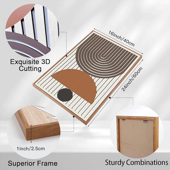 Mid Century Boho Modern Wall Art Set Abstract Geometric Wooden Wall Decor Minimalist Line Neutral Artwork Mid Century Wood Art Decor for Living Room Bedroom Office-16x24Inch x3