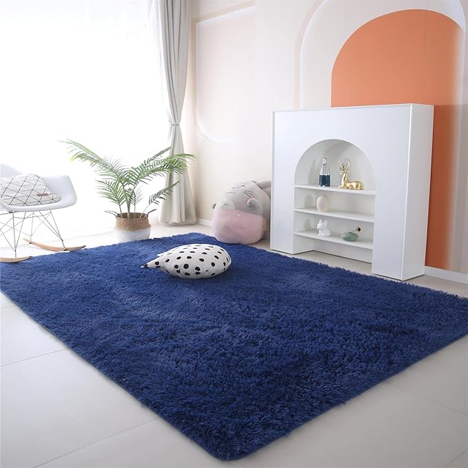 CAIYUECS Blue Area Rug for Bedroom 3x5: Indoor Ultra Soft Plush Rugs for Bedroom Living Room, Non-Skid Modern Nursery Faux Fur Rugs for Kids Room Home Decor (3x5 Feet, Navy Blue)