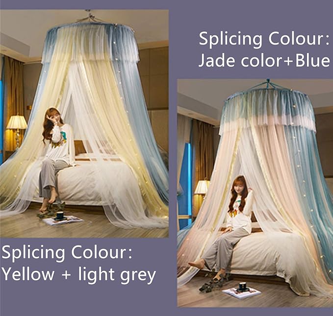 VETHIN Princess Bed Canopy for Girls,Bed Canopy Curtain- Double Layer Sheer Mesh Dome Bed Curtain- Round Lace Princess Mosquito Net Tent for Twin Full Queen King Bed(Blue/Pink/White)