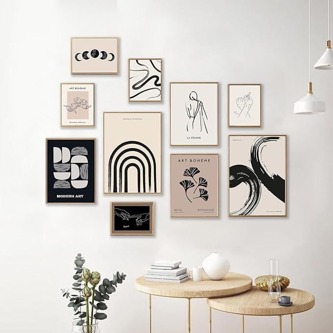 KBKBART Minimalist Boho Wall Art Prints, 10 PCs Abstract Neutral Black Beige Women Body Line Flower Canvas Art, Eclectic Home Decor for Room