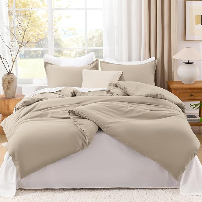 Litanika Khaki Comforter Set Full Size, 3 Pieces Solid Bedding Comforter Set, All Season Down Alternative Bed Set (79x90In Comforter & 2 Pillowcases)