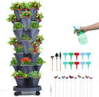 Vertical Planter, 7 Tier Stackable Strawberry Planter with Garden Tool Set, Movable Indoor/Outdoor Garden Herb Pot for Growing Vegetables and Succulents, Dark Gray