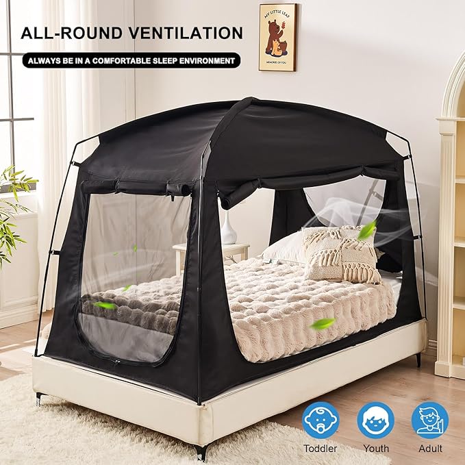 Privacy Blackout Sleep Bed Tent for Adults Kids Portable Bed Canopy Lightweight Breathable Mesh Windows Tents