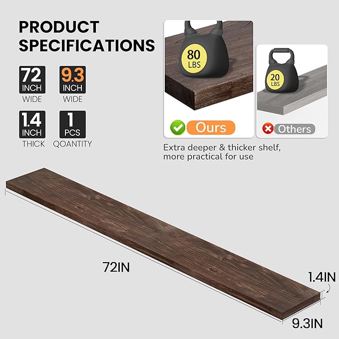 Fun Memories Floating Shelves for Wall, 72" W x 9.3" D Wood Floating Shelf with Invisible Heavy-Duty Metal Bracket, Deep Floating Shelf for Living Room Kitchen, Walnut Finish