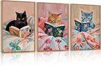 HPNIUB Framed Vintage Black Cats Canvas Wall Art, Funny Animal Reading Books Poster Printing Pictures, Pink Cute Cat Lovers Wall Decor for Girls Room Bedroom Kids Room Living Room Classroom- 24 x36 x3