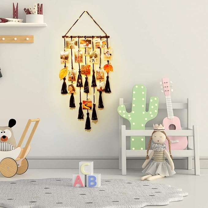 Homecor Hanging Photo Display Wall Decor, Black Macrame Hanging Boho Room Decor, Picture Frame Collage with Remote Light 30 Clips, Bedroom Apartment Home Decor, Christmas Mom Grandma Teen Girl Gifts