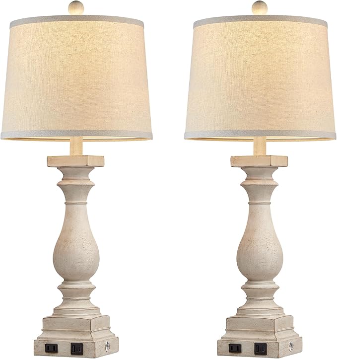 28" Tall Farmhouse Table Lamps Set of 2 with USB C+A Ports and AC Outlet, 3 Way Touch Control Rustic Bedside Lamp for Bedroom, Beige Vintage Nightstand Lamp for Living Room Office