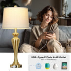 30" Gold Tall Table Lamps for Living Room, Touch Control Bedroom Lamp with USB A+C Ports and AC Outlet, 3-Way Dimmable Bedside Table Lamps Set of 2, Modern Metal Lamp for Nightstand