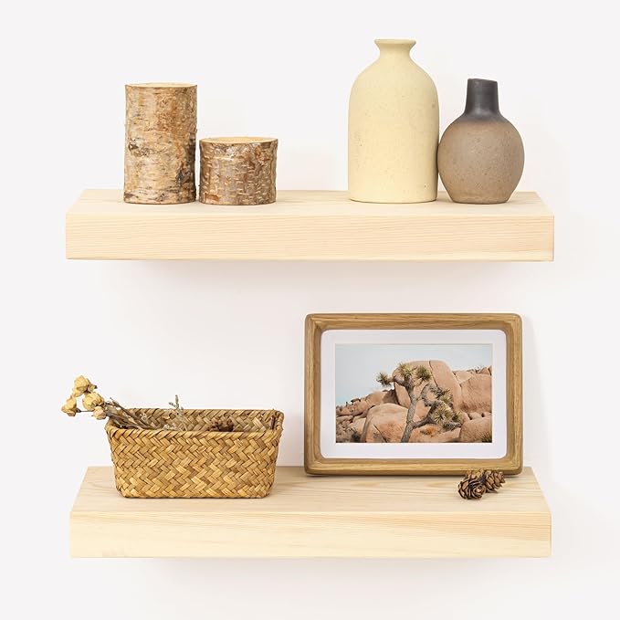 Marsmiles Natural Wood Floating Shelves for Wall - Small Wood Floating Shelves Set of 2-16 Inch Wide x 7.7 Inch Deep x 1.6 Inch Thick Wooden Shelves for Room Wall
