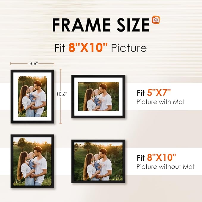 FIXSMITH 8x10 Picture Frame Set of 10, Photo Frame Bulk with HD Plexiglass, Display Pictures 5x7 with Mat or 8x10 Without Mat Multi Picture Frames Collage for Tabletop or Wall Display, Black