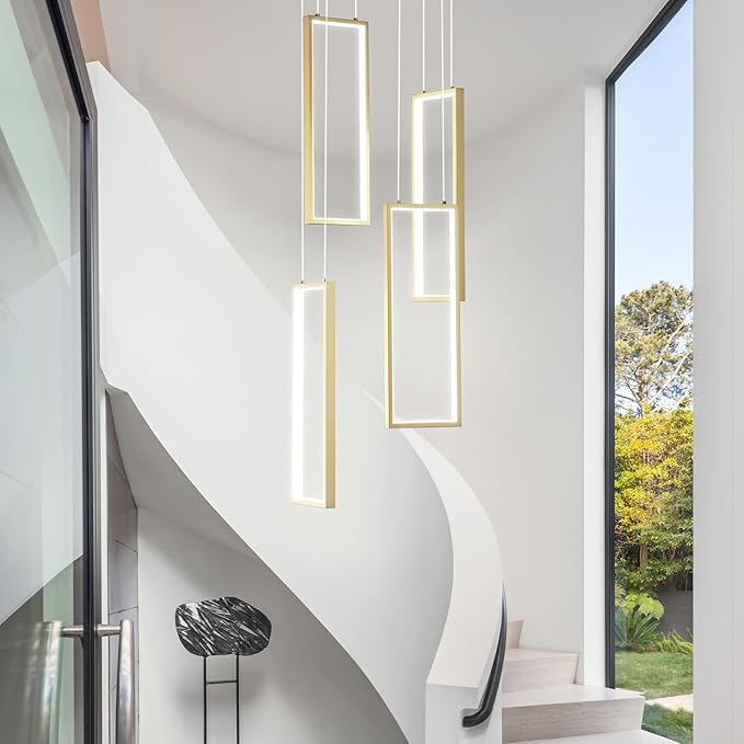 Modern Kitchen Island Dimmable Pendant Light Fixture Gold 54W LED Pendant Lights 4 Rings Rectangular Chandelier Staircase Large Chandelier Lobby Living Room Foyer High Ceiling Chandeliers