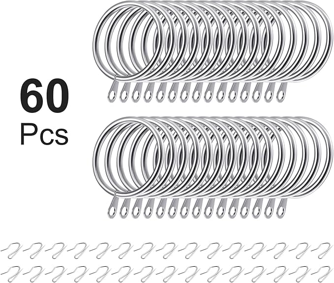 Hotop 30 Pcs Metal Drapery Curtain Rings 0.98/1.26/1.65 inch Interior Diameter and 30 Pcs Hanging Curtain Drapery Pin Hooks for Window Door Shower(42 mm,Silver)