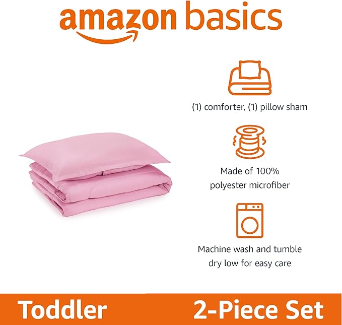 Amazon Basics 2 Piece Microfiber Kid's Comforter and Pillow Sham Set, Toddler, Light Pink, Solid