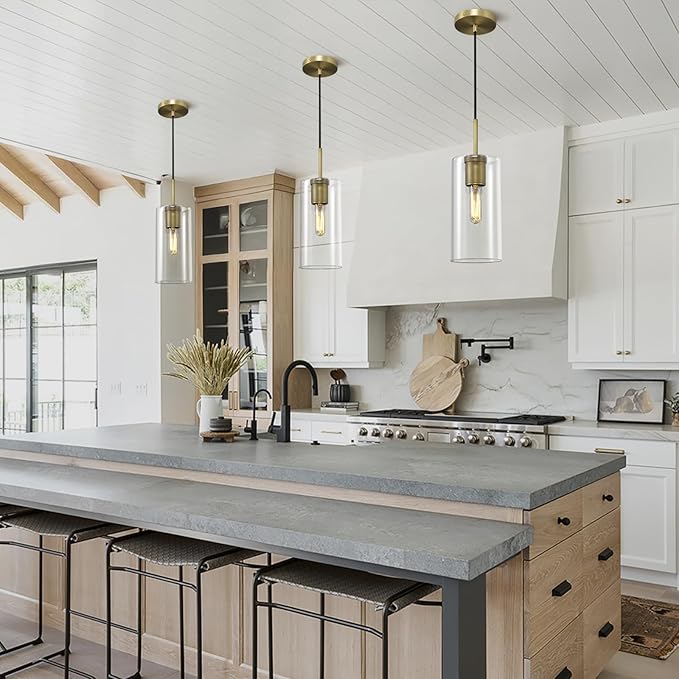 Modern Brass Pendant Lights Kitchen Island Glass Pendant Light Fixtures, 9.5'' Farmhouse Clear Glass Cylinder Pendant Light, Gold Kitchen Pendant Lighting over Island Sink, E26 Bulb Included