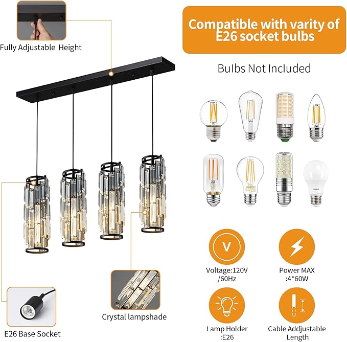 LMQNINE 4 Light Black Pendant Lighting Modern Pendant Light, Mini Crystal Chandeliers,Adjustable Pendant Light Fixture for Kitchen Island Dinning Room Bedroom (Black 4-Light)
