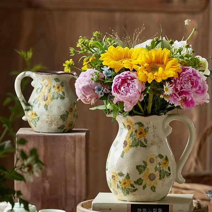 Levvohd Vintage Vase with Handle, 6 Inch Ceramic Pitcher Sunflower Floral Vases Decorative for Grandma Home Decor, Living Room Bookshelf Office Tuscan Decor (Small)