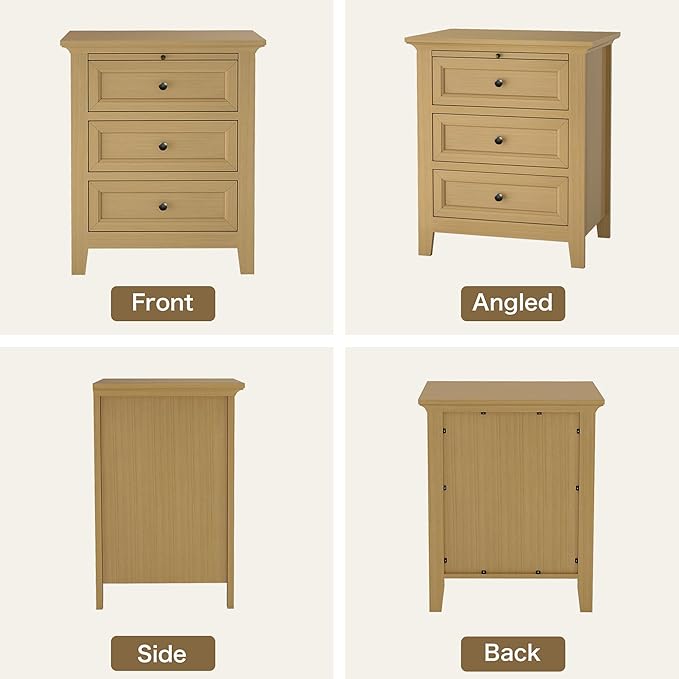 Harvin 3 Drawers Nightstand, Solid Wood End Table with Pull-Out Shelf, Timeless Classic Side Table for Bedroom, Living Room or Home Offices