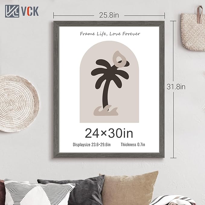 VCK 24x30 Frame Set of 3, Gray Solid Wood Poster Picture Frame, Exclusive Wood Grain, Wall Mounting Hanging