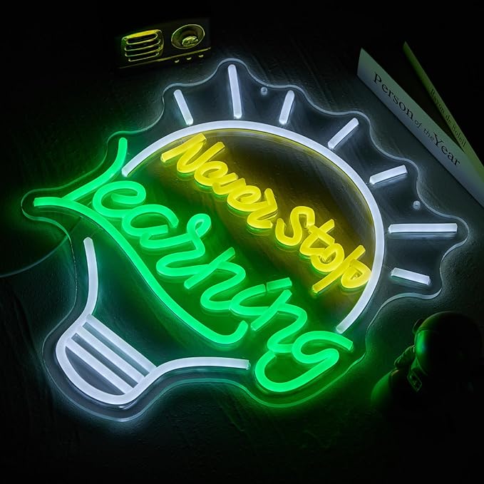Never Stop Learning Neon Signs for Wall Decor USB Powered & Dimmable Neon Lights SignInspirational Letter Neon Lights for Classroom Library Study Room Bookstore Reading Corner&Book Club Motivational Wall Art
