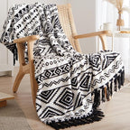 CASAAGUSTO Boho Throw Blanket - Black and White Decorative Blankets with Tassel, Printed Flannel Bohemian Blanket for Chair, Bed, Sofa, Couch(50 * 60, Black and White)