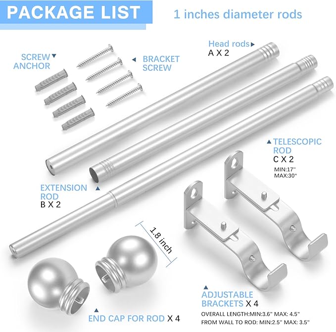 Curtain Rods for Windows 16 to 48 Inches, Curtain Rod Max Adjustable Length of 60 IN, 1" Diameter Drapery Rods Round Finials, Satin Silver, Pack of 2