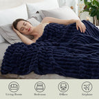 Amélie Home Faux Fur Throw Blanket for Couch, Cozy Fuzzy Fluffy Fur Luxurious Soft Striped Plush Gift Blankets for Family Sofa Chair Bed Living Room Bedroom, 55"x70", Navy Blue