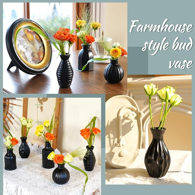 Black Vase, Bud Vases Set of 12, Small Glass Vase for Decor Centerpieces, Matte Ribbed Modern Vintage Flower Vases for Wedding Party Table Decoration Home Decor in Bulk