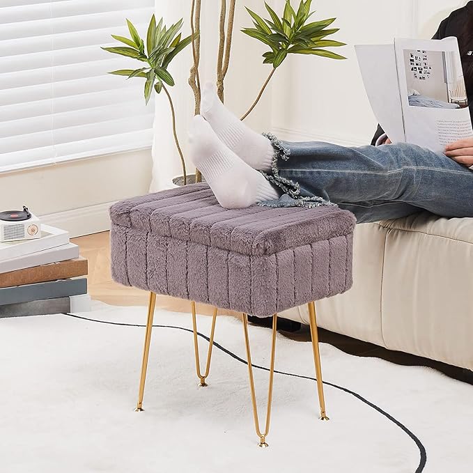 Wimarsbon Faux Mink Fur Storage Ottoman, Modern Soft Footstool, Storage Bench with Metal Legs, Vanity Seat, Fur Stool, Ottoman Coffee Table, Makeup Chair, Vanity Stools for Bedroom (Grey)