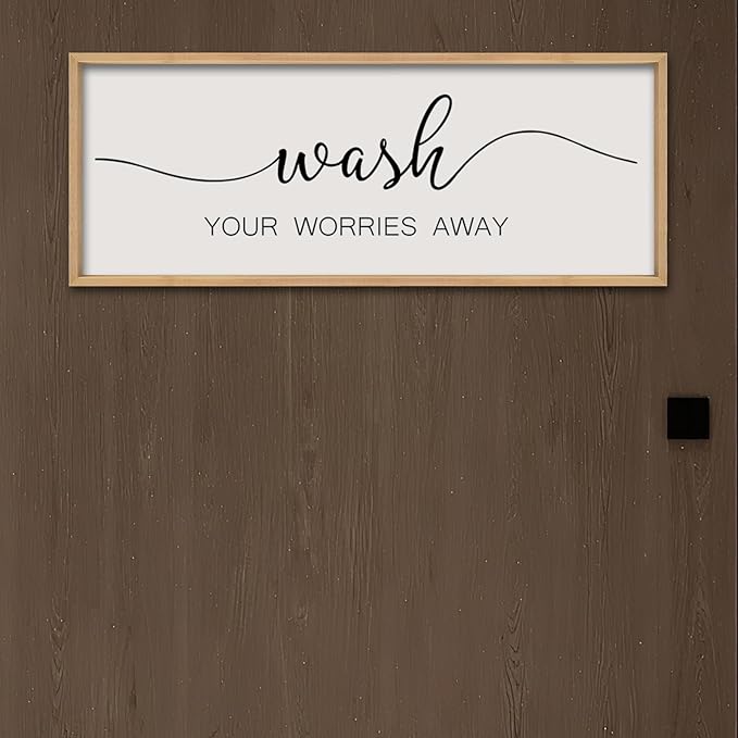 ZZJJHYWGQ Wash Your Worries Away Bathroom Wall Decor 32x12 Inch Laundry Room Funny Large Sign Wooden Framed Wall Hanging Art (Wood)