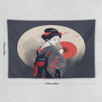 Japanese Woman Geisha Tapestry Asian Red Cherry Blossom Red Sun Traditional Kimono Folk Tapestries Home Decor for Living Room Bedroom Apartment Farmhouse Dorm 90"x60"