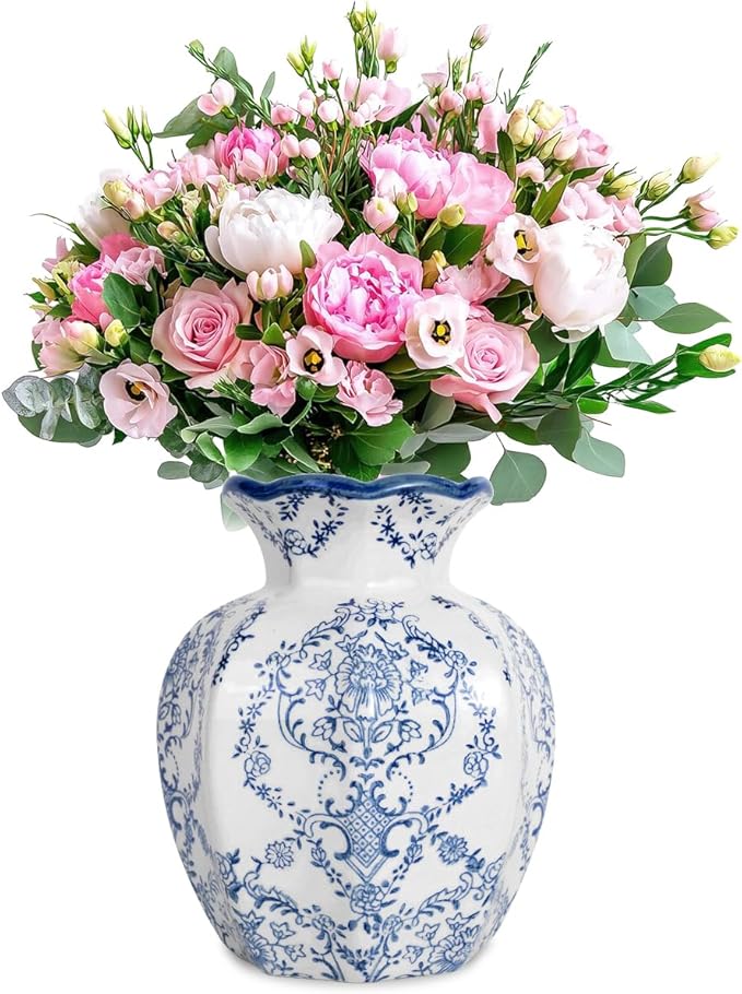 Chinoiserie Vase,6 inch Blue and White Vase,Vintage Ceramic Vases,Flower Vase for Centerpiece,Chinese Cute Vases for Living Room, Office,Home Decor (Blue White, Small)