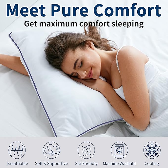 Hotel Quality Cooling Queen Size Bed Pillows Set of 4 - Soft, Firm, and Supportive Down Alternative Pillows for Back, Stomach, and Side Sleepers