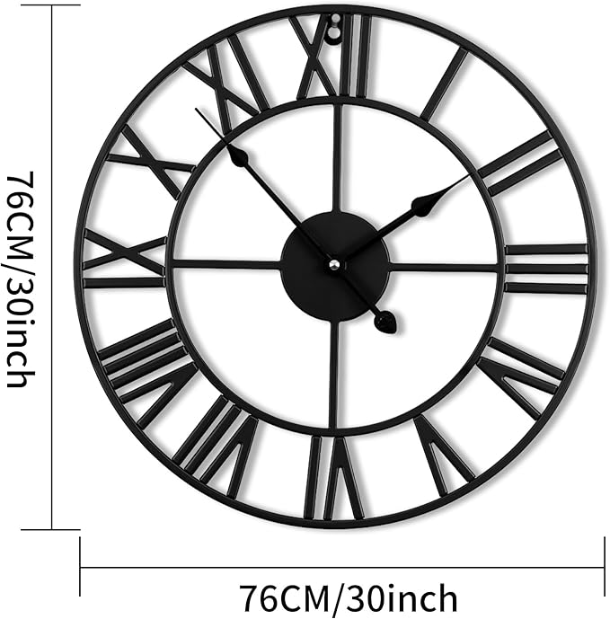 30inch/76cm Extra Large Wall Clock for Bedroom Living Room Battery Operated Big Metal Decorative Analog Silent Giant Non Ticking Clocks Room Wall Decor (Iron Roman Numerals, 30 inches)