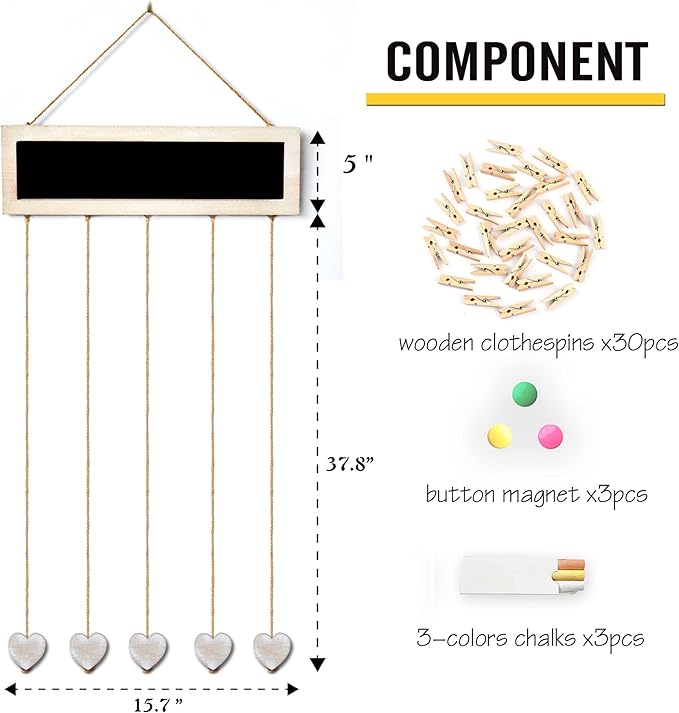 Picture Frames Collage Display Board with 30 Clips - Multi Photos Cards Organizer with Adjustable Twines and Magnetic Blackboard - DIY Wall Decor Hanging Picture Holder 15.7x5 Inches