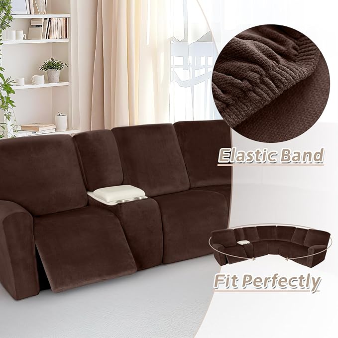 Arfntevss Sectional Recliner Couch Covers Velvet Washable Corner Sectional Sofa Cover for Reclining Stretch Soft Thick L Shape Recliner Slipcover Set (5 Seat with 1 Console Cover, Dark Brown)