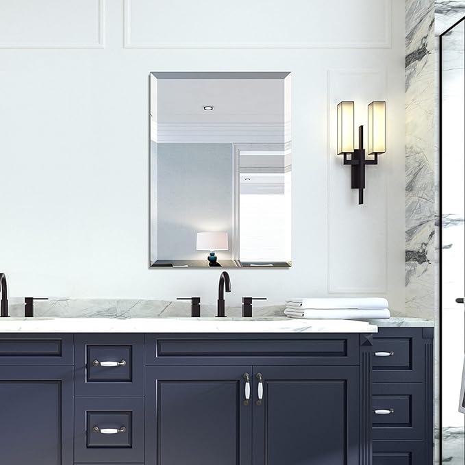 Mirrorons Beveled Mirror, Bathroom Mirrors for Wall 20" x 28", Frameless Rectangle Bathroom Mirror with Beveled Edge, Hangs Horizontally or Vertically, Upgraded Packing