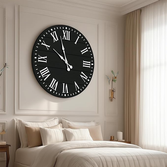 35" Large Wall Clock, Shiplap Wall Clock with Roman Numeral Nearly Non-Ticking Farmhouse Round Wall Clocks for Living Room Decor, Office, Bedroom, Entrance, Black