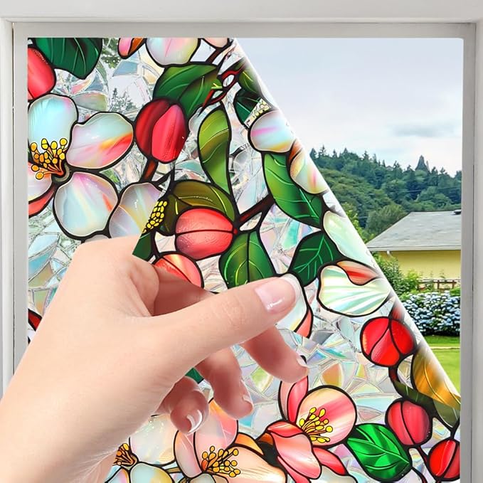 Window Film, Decorative Colorful Flower Stained Static Glass Window Clings Stickers for Home Office Living Room Bedroom Glass Windows Door Decor 16.93 x 39.37 Inches